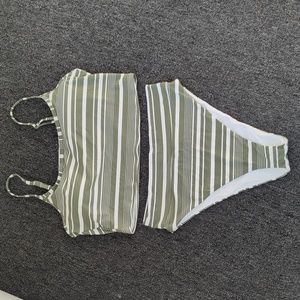 NWT Green Striped Aerie Scoop Bikini Top and High Cut Cheeky Swim Bottom Beach